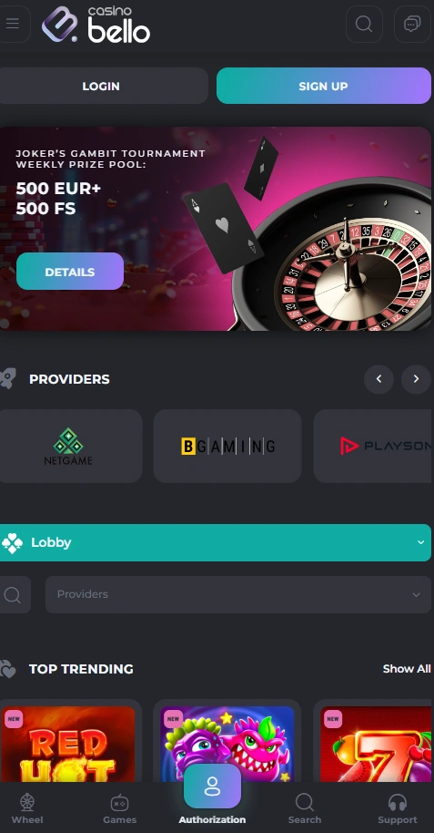 casinobello mobile home page