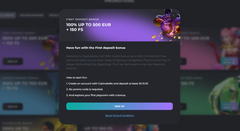 casinobello welcome bonus page